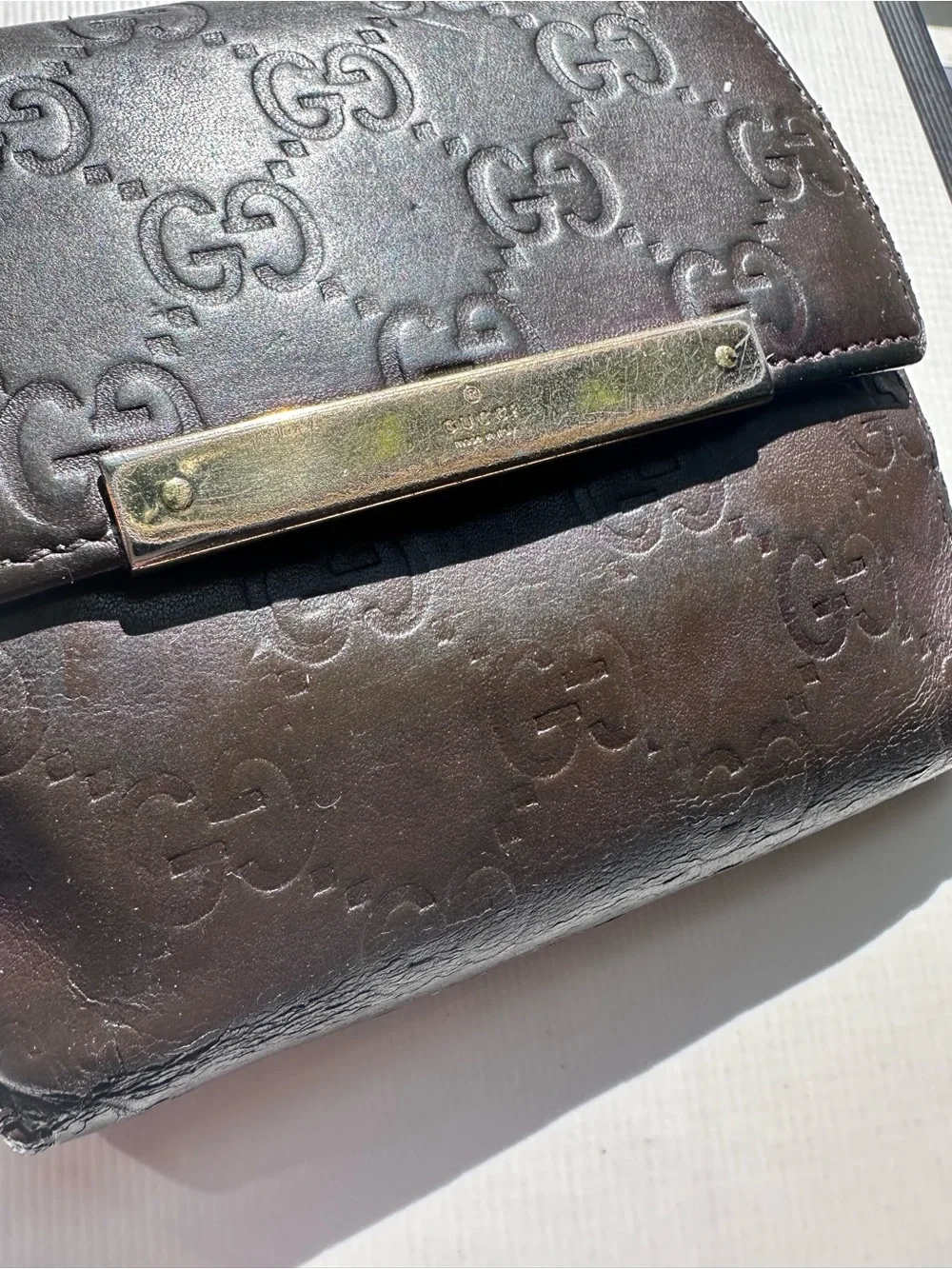 Authentic Gucci Brown Guccissima Metal Bar French Flap Leather Wallet